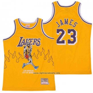 Camiseta Los Angeles Lakers LeBron James #23 Hardwood Classics Skull Edition Amarillo