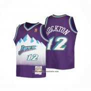 Camiseta Nino Utah Jazz John Stockton #12 Hardwood Classics Throwback 1996-97 Violeta