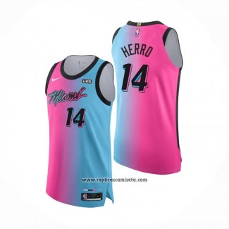 Camiseta Miami Heat Tyler Herro #14 Ciudad 2020-21 Autentico Azul Rosa