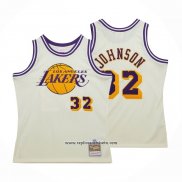 Camiseta Los Angeles Lakers Magic Johnson #32 Mitchell & Ness Chainstitch Crema