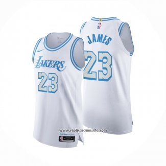 Camiseta Los Angeles Lakers LeBron James #23 Ciudad Autentico 2020-21 Blanco