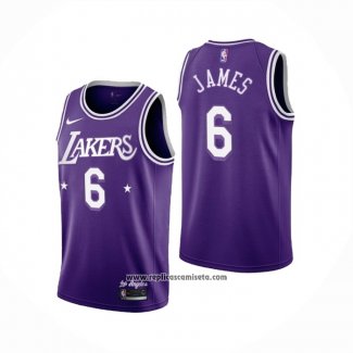 Camiseta Los Angeles Lakers LeBron James #6 Ciudad 2021-22 Violeta