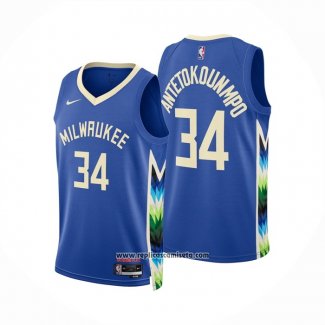 Camiseta Milwaukee Bucks Giannis Antetokounmpo #34 Ciudad 2022-23 Azul